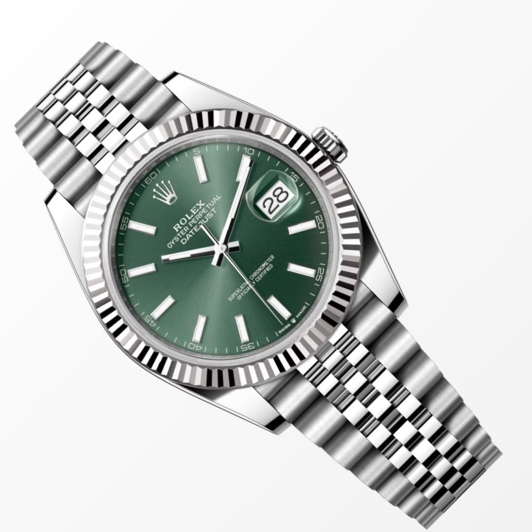 Rolex Datejust 41MM Green Dial 18K Fluted Bezel S.Steel Watch 126334