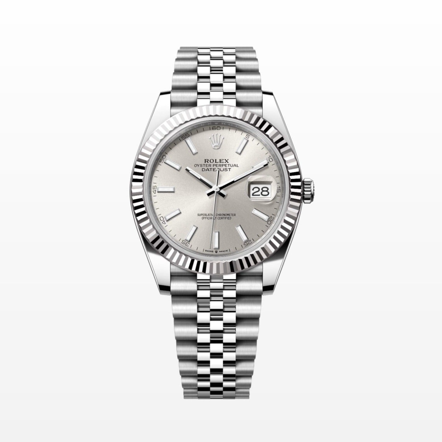 Rolex Datejust 41MM Silver Dial 18K Fluted Bezel S.Steel Watch 126334