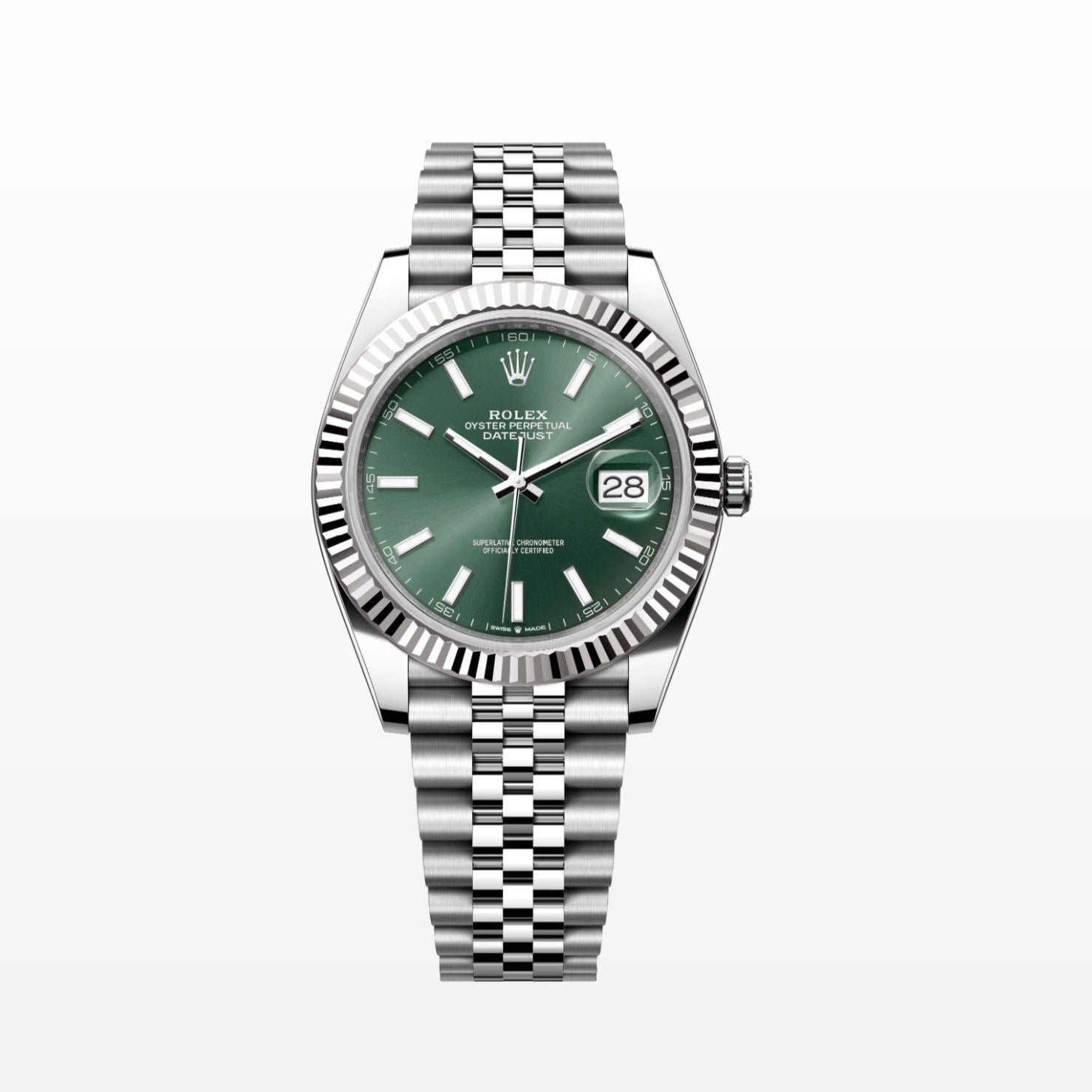 Rolex Datejust 41MM Green Dial 18K Fluted Bezel S.Steel Watch 126334