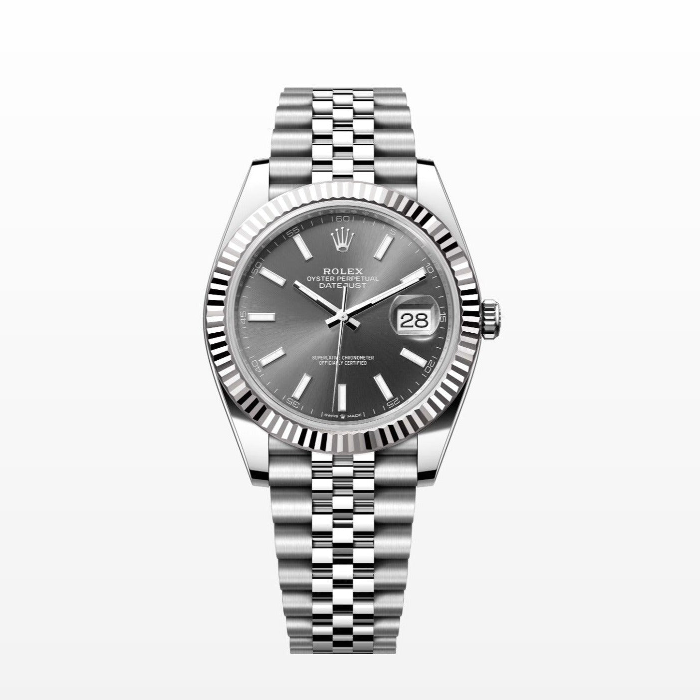 Rolex Datejust 41MM Gray Dial 18K Fluted Bezel S.Steel Watch 126334