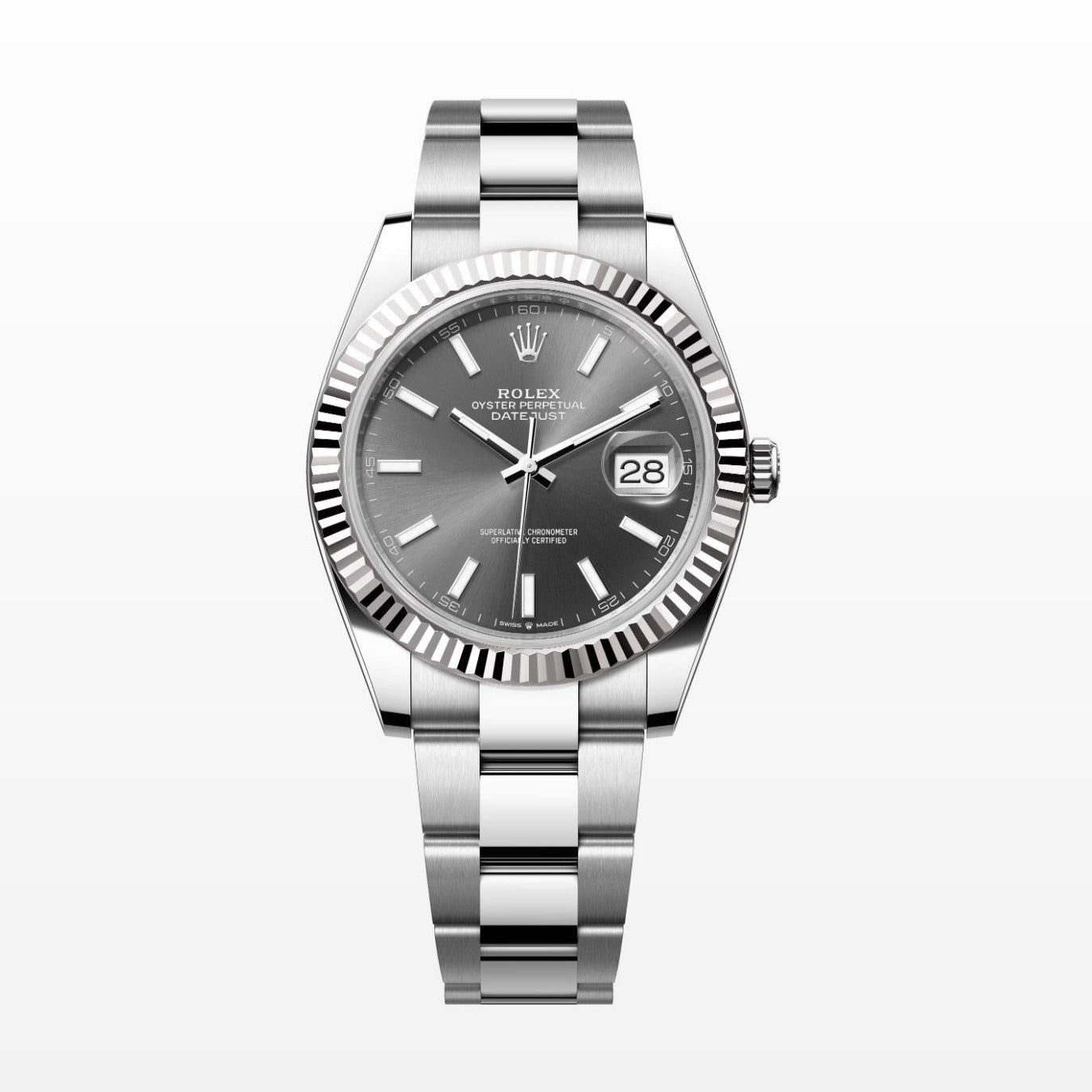 Rolex Datejust 41MM Gray Dial 18K Fluted Bezel S.Steel Watch 126334