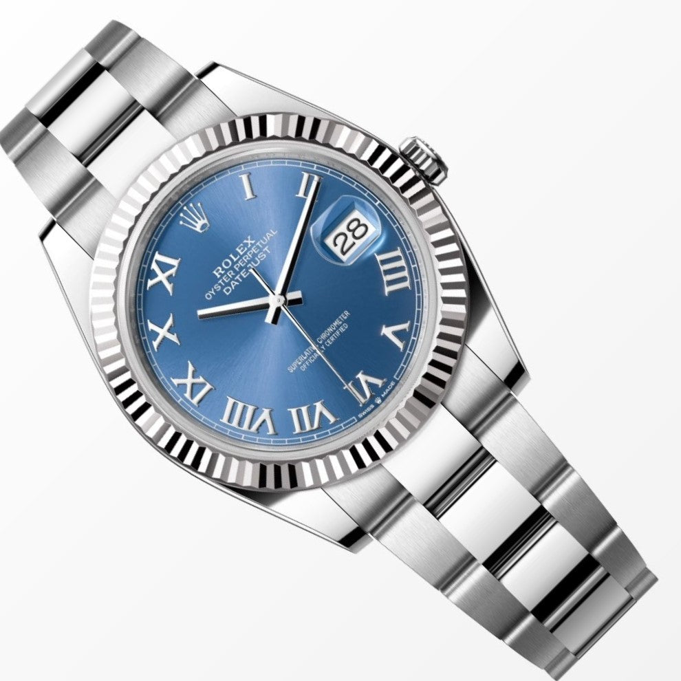 Rolex Datejust 41MM Azzurro Blue Dial 18K Fluted Bezel S.Steel Watch 126334