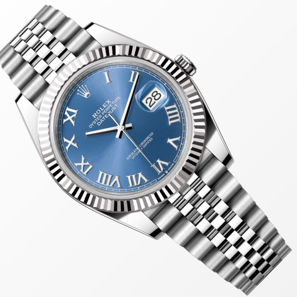 Rolex Datejust 41MM Azzurro Blue Dial 18K Fluted Bezel S.Steel Watch 126334