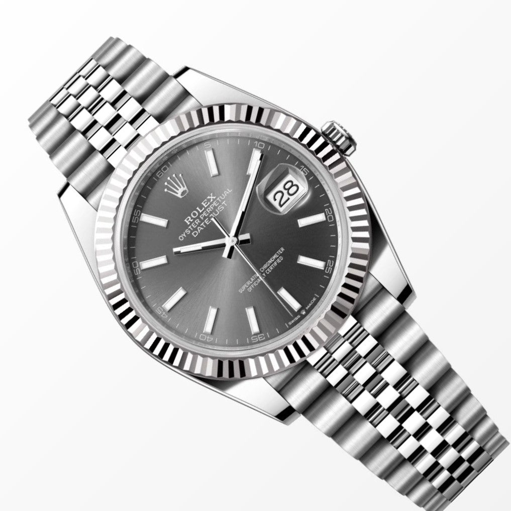 Rolex Datejust 41MM Gray Dial 18K Fluted Bezel S.Steel Watch 126334