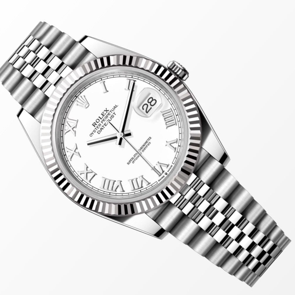 Rolex Datejust 41MM White Roman 18K Fluted Bezel S.Steel Watch 126334