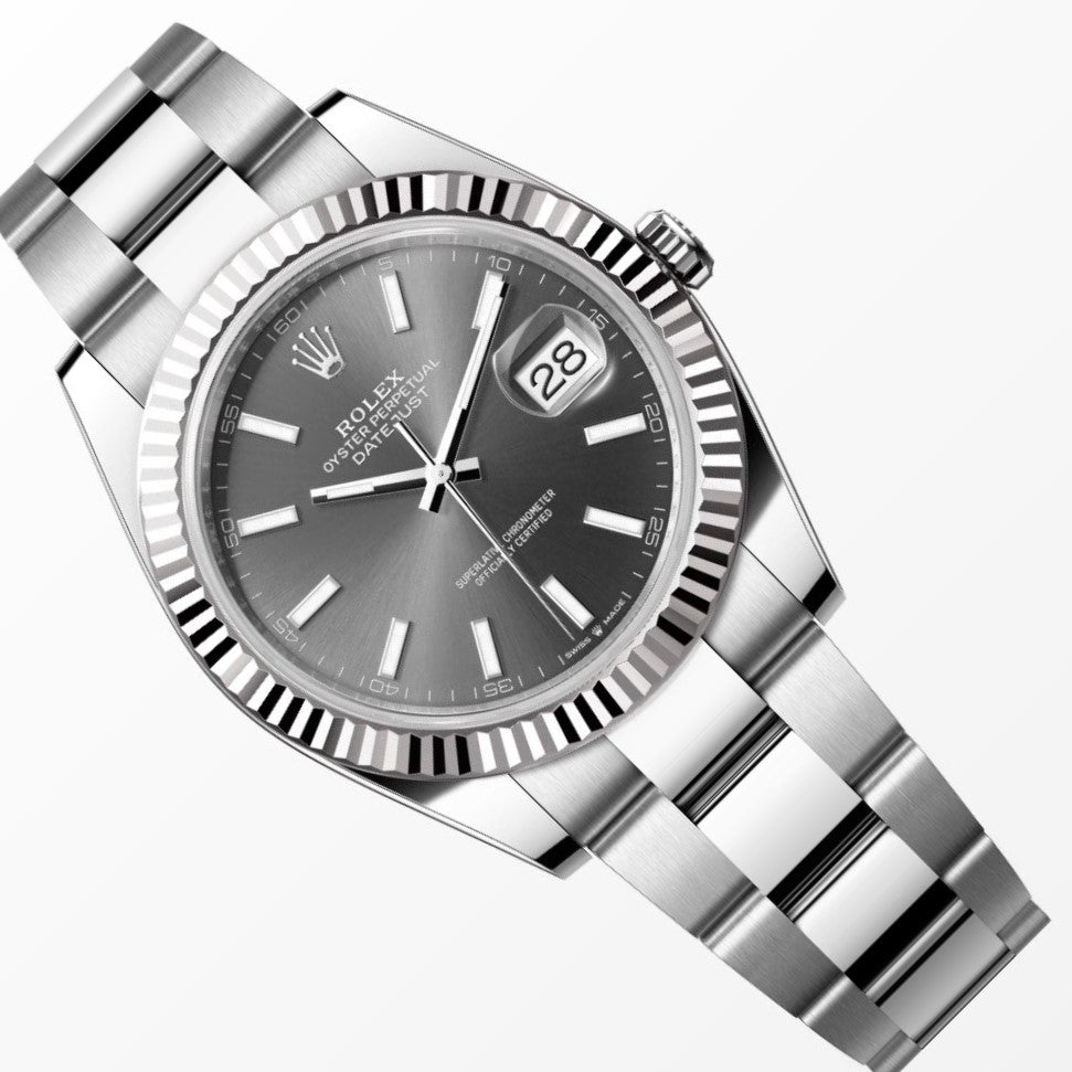 Rolex Datejust 41MM Gray Dial 18K Fluted Bezel S.Steel Watch 126334