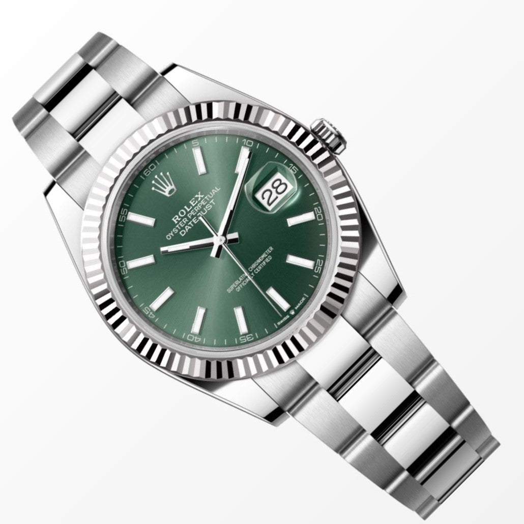 Rolex Datejust 41MM Green Dial 18K Fluted Bezel S.Steel Watch 126334