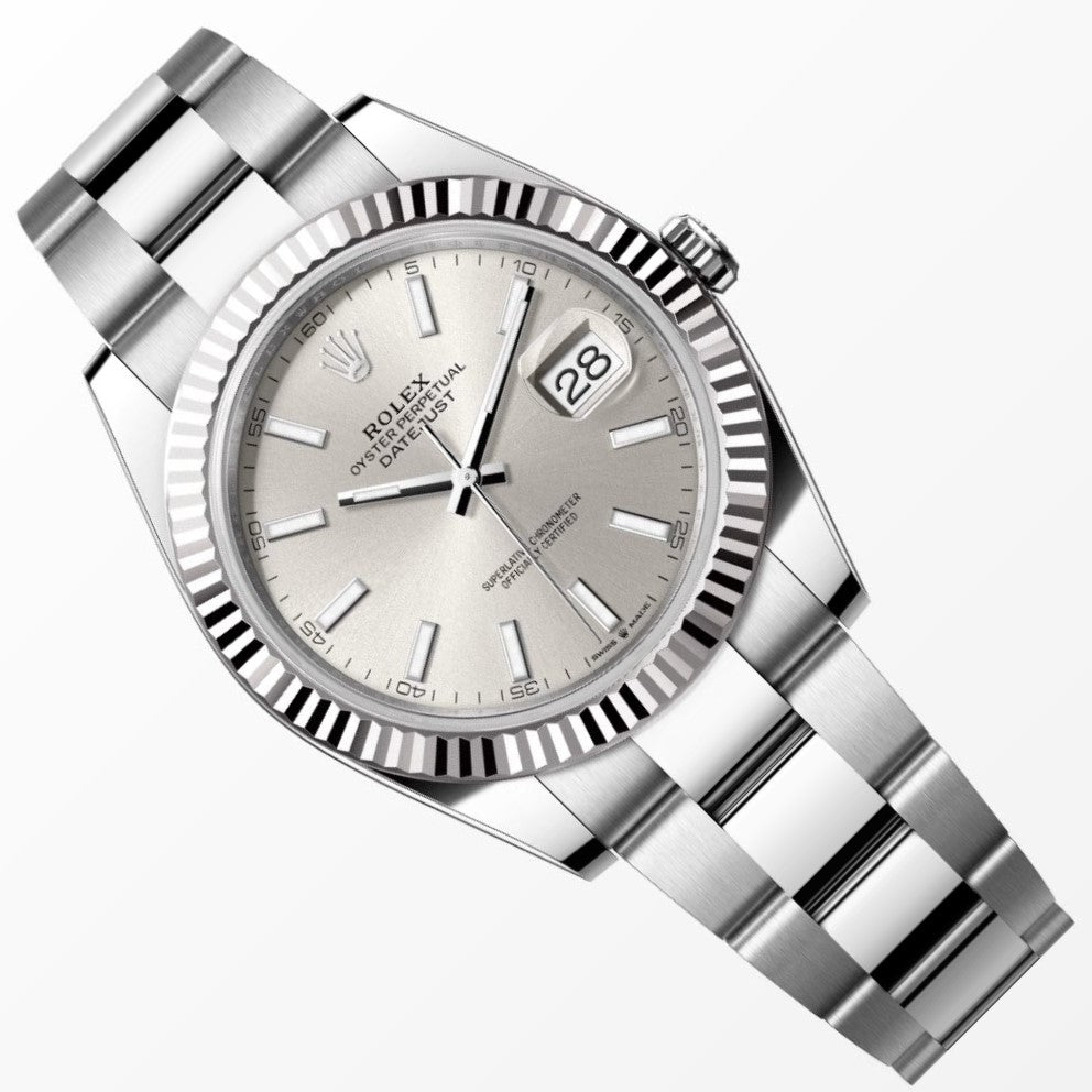 Rolex Datejust 41MM Silver Dial 18K Fluted Bezel S.Steel Watch 126334