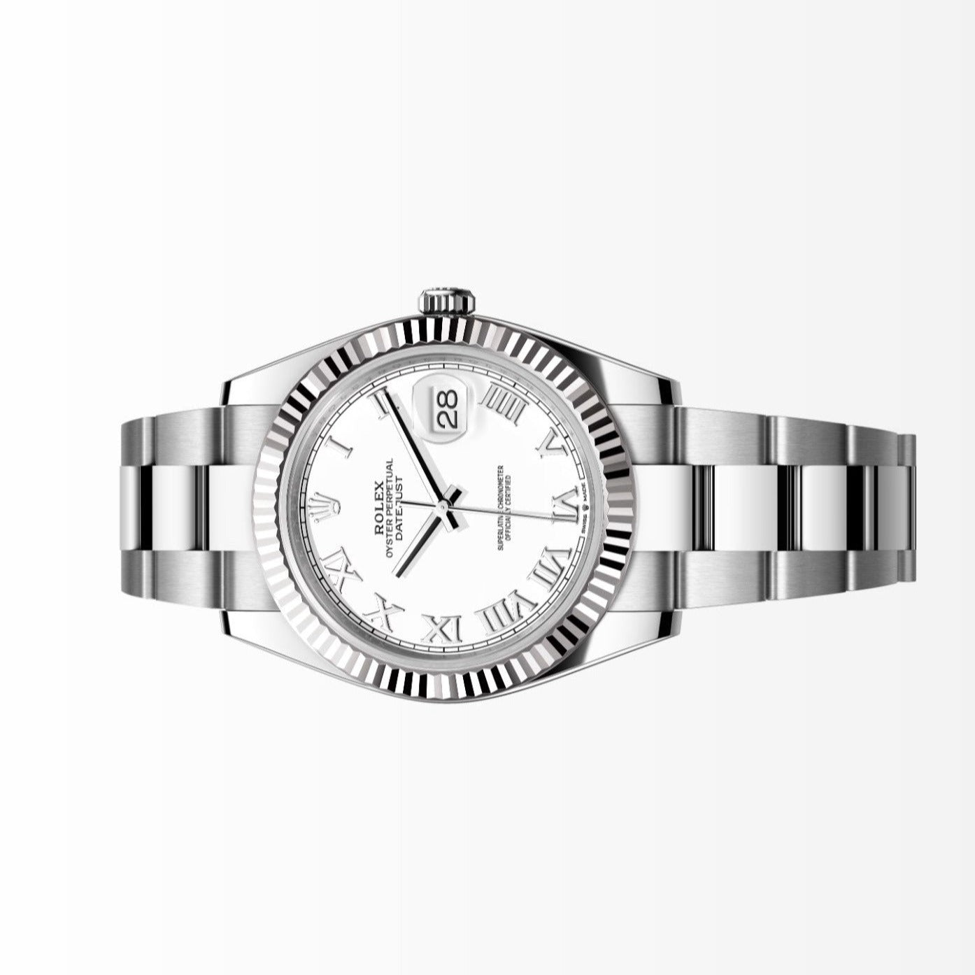 Rolex Datejust 41MM White Roman 18K Fluted Bezel S.Steel Watch 126334