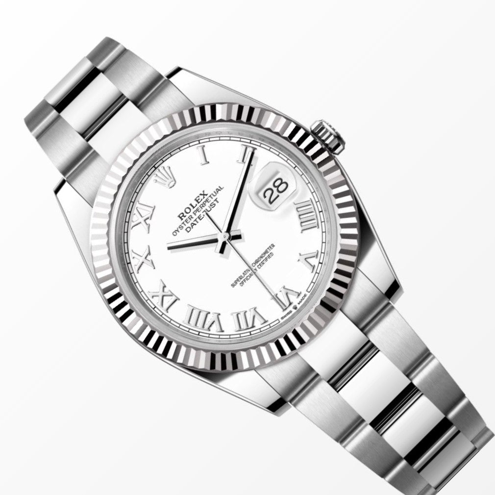 Rolex Datejust 41MM White Roman 18K Fluted Bezel S.Steel Watch 126334
